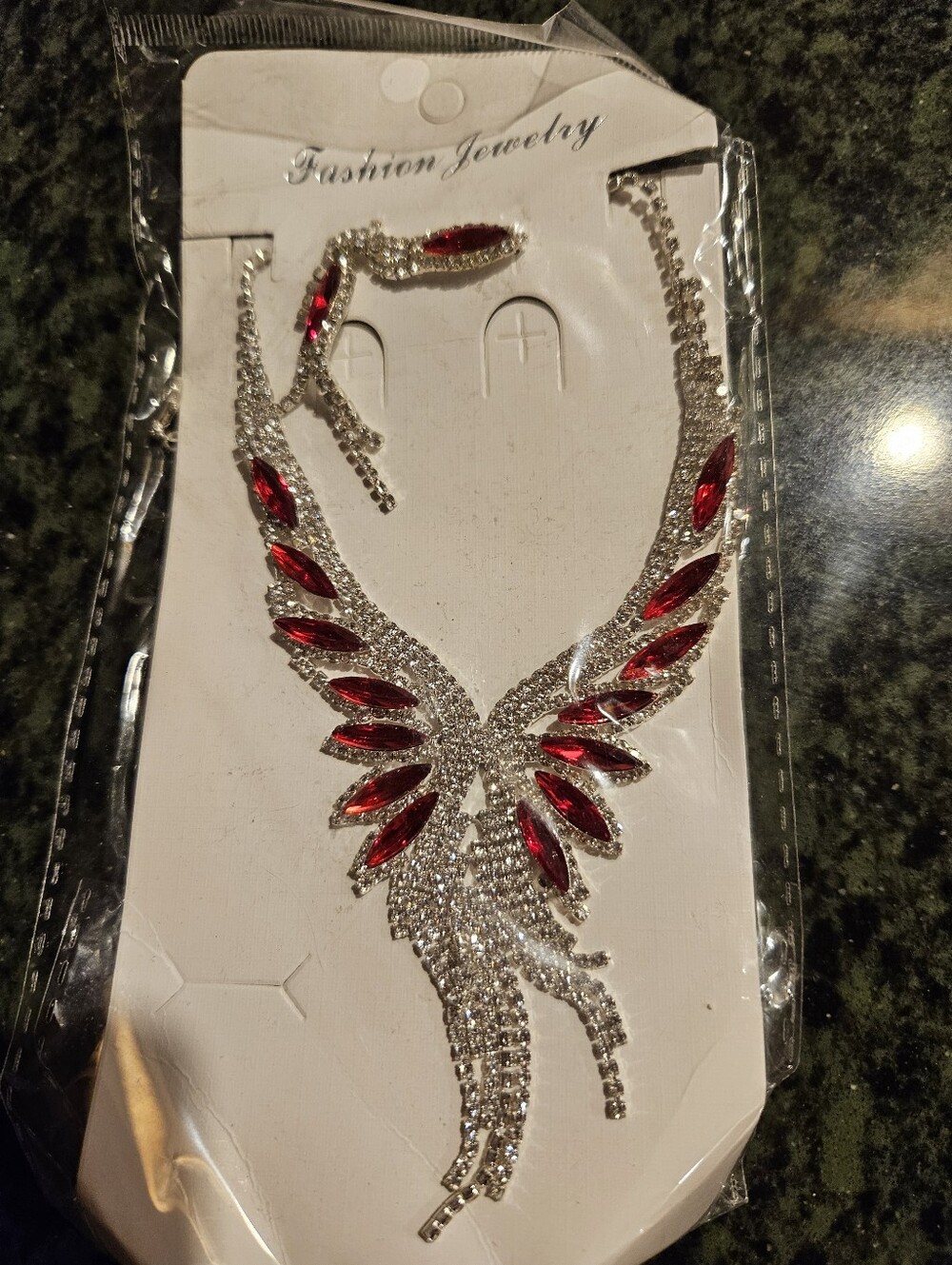 Fashion Jewelry Silver-Tone Necklace with Red Marquise Crystals With Earrings